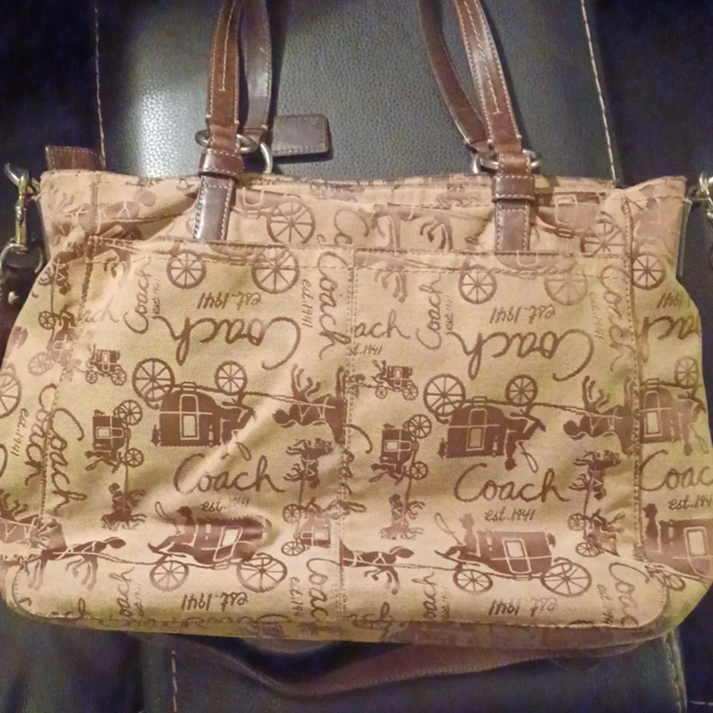 Coach brown canvas shoulder handbag purse leather straps hangtag Vintage - Picture 5 of 8
